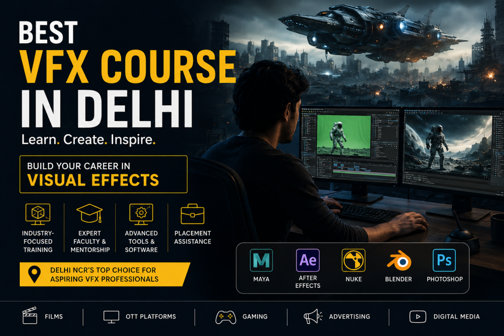 Alt text:
“Promotional banner for the best VFX course in Delhi featuring a VFX artist working on dual monitors in a futuristic editing studio. The scene includes cinematic sci-fi visuals, advanced VFX software icons like Maya, After Effects, Blender, Nuke, and Photoshop, along with bold text highlighting industry-focused training, expert mentorship, advanced tools, and placement assistance.”
